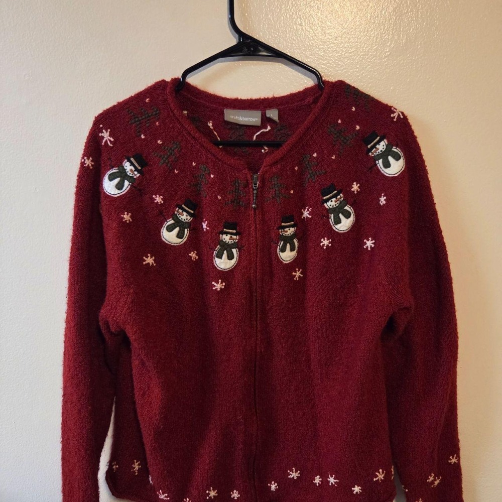 Croft & Barrow Womens Large Red Snowman Christmas Holiday Zip Front Cardigan